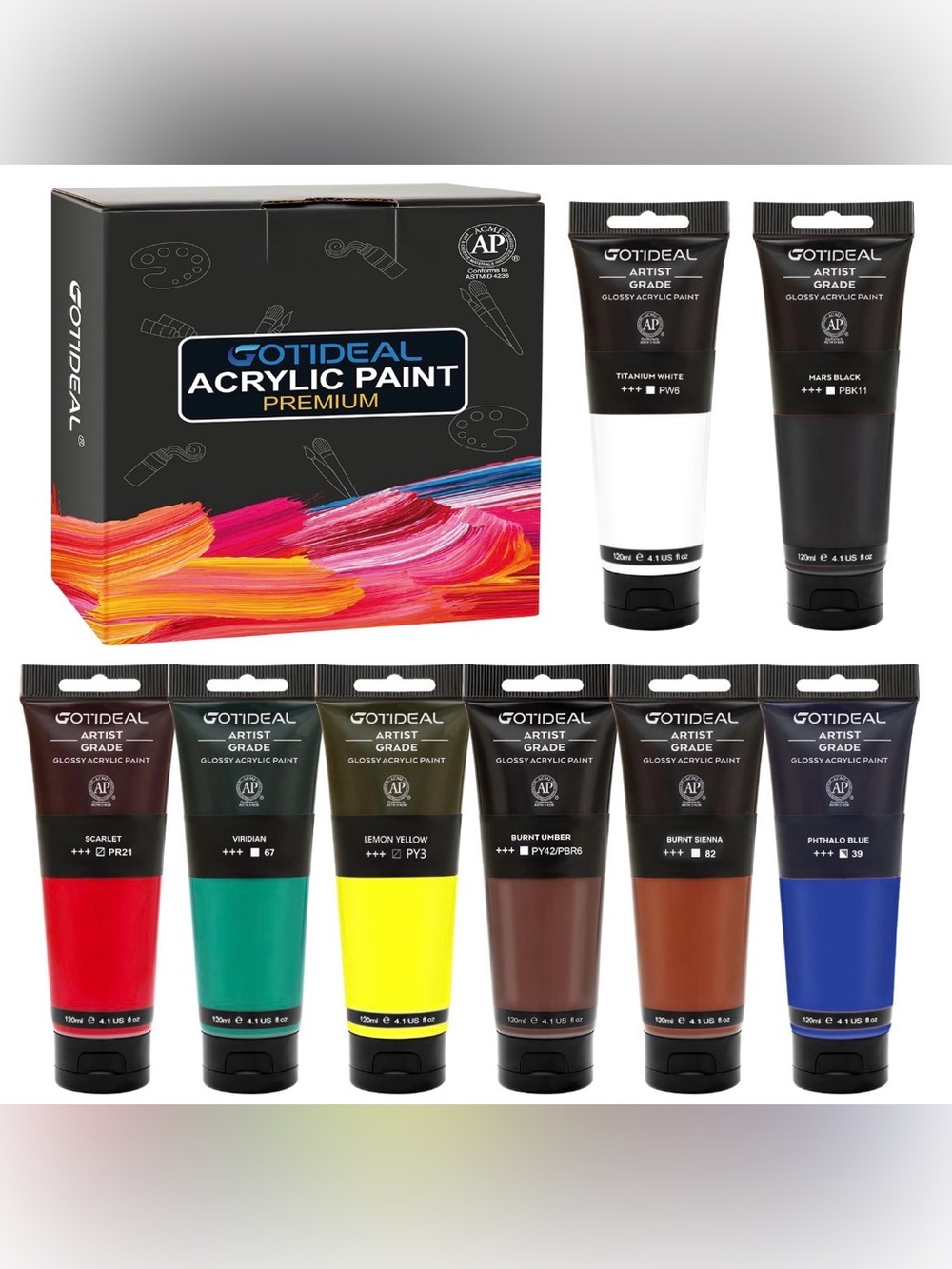 GOTIDEAL Premium Acrylic Paint Set – 8 Primary Colors, 120ml – New